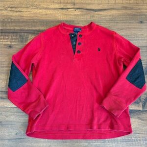 Polo Ralph Lauren 1/4 Button Up Pullover Shirt Boys Size 7 Red Black elbow Patch